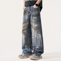 Jeans vintage baggy déchirés personnalisés pour hommes, coupe ample, denim délavé avec éclaboussures de peinture pour le streetwear