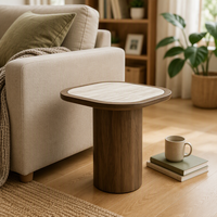 Table basse carrée FSHR en bois de noyer avec plateau en bois incrusté, coins arrondis, design moderne