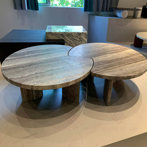 Custom Living Room Home Decor Classical Natural Stone <strong>Furniture</strong> Luxury Marble Round Silver Grey Travertine <strong>Coffee</strong> <strong>Table</strong> <strong>Set</strong> - Product Image 6
