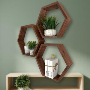 Acacia Wood <b>Hexagonal</b> Honeycomb Living Room Wall <b>Shelf</b> Wood Handicraft Storage Walnut Stain Wholesale - Product Image 3