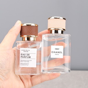 Elegante Envase Cuadrado para Perfume de 30ml 50ml, Vidrio Transparente Brillante con Borde Dorado y Tapa de Cuero, Duradero, a Prueba de Fugas, Perfecto - Product Image 2