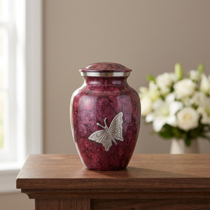 Urna Funeraria Morada Agrietada Decorativa para Cenizas con Banda de Mariposa, Recuerdo Metálico para Mesa Conmemorativa - Artesanía India para el Hogar - Product Image 1