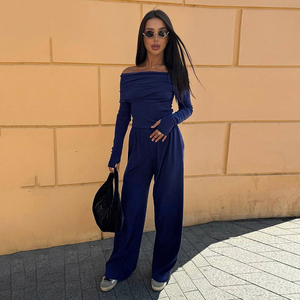 Conjunto de 2 Piezas para Mujer, Estilo Informal, con Hombros Descubiertos, Top Corto Sexy de Manga Larga y Pantalones Plisados de Cintura Alta, Transpirable, para Uso Diario, OEM - Product Image 2