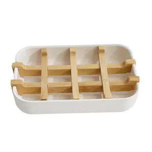 Conjunto de jabonera ecológica y Bolsa, soporte de madera de bambú con forma cuadrada para bañera, plato para cocina, baño y ducha