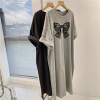 Robe T-shirt décontractée pour femme, grande taille, imprimée avec nœud, mi-longue, ample, amincissante, à manches courtes