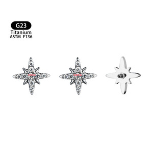 Boucles d'oreilles étoile en titane ASTM F136, entièrement serties de diamants, clous à quatre branches pour piercing du cartilage de l'oreille ou des lèvres - Product Image 5