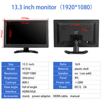 Moniteur d'ordinateur de bureau ZHIXIANDA 13,3 pouces IPS LCD avec coque en plastique 1080p