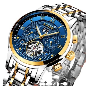 Reloj mecánico de lujo Lige Tourbillon para hombre, automático, con correa de acero inoxidable, esfera azul, 42mm, 30bar, resistente al agua, cierre plegable - Product Image 5