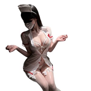 <b>Sexy</b> Lingerie Sheer See Through Deep V Neck Lace Nurse Uniform <b>Set</b> For Women Role Play Costume - Product Image 5