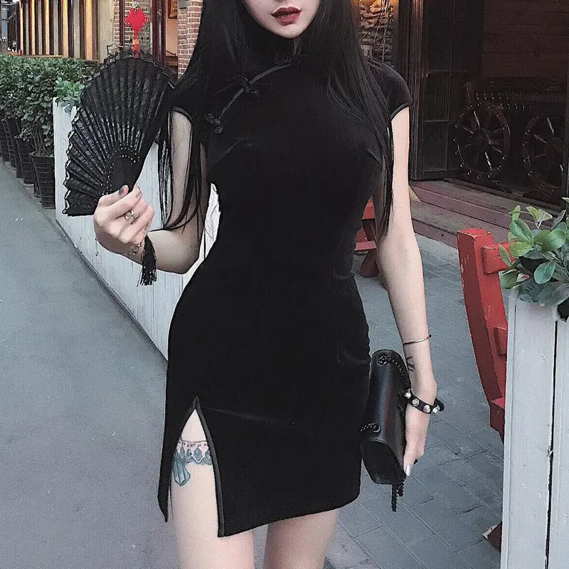 2024 Goth vestito da donna scuro Cheongsam stile cinese Mini abito Skinny Streetwear Sexy Vintage Haraiuku estate abbigliamento donna sottile