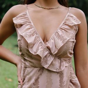 Hot-selling Luxury Aloha Printed Deep V Ruffled Halter Mini Wrap <b>Dress</b> OEM Custom Rayon Mini <b>Dress</b> - Product Image 3