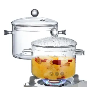 Amazon Hot Sale Hoge Borosilicaat Doorzichtige Transparante Glazen Potten Kookgerei Steelpan Met Twee Glazen Handvatten Deksel Hittebestendig