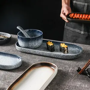 日本矩形陶瓷椭圆板、家用餐具、鱼板、平板