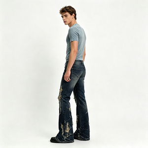 Jean évasé pour homme 2026, 14 oz, bleu foncé délavé, style streetwear Y2K, très déchiré - Product Image 2