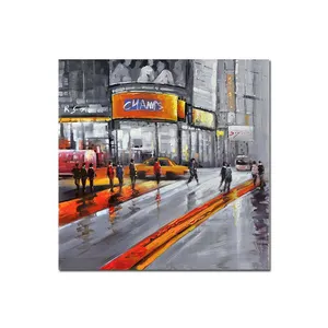 Seni Abstrak Abu-abu Oranye Pemandangan Jalan Kota Kain Kanvas 100% Lukisan Minyak Dilukis Tangan untuk Dekorasi Ruang Tamu
