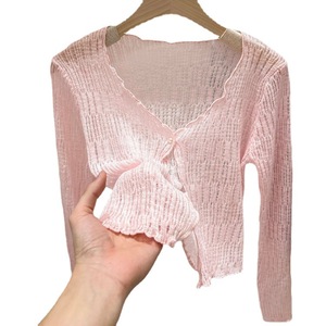 Cárdigan de punto fino de encaje para mujer, estilo coreano, casual, corto, de verano, para aire acondicionado, camisa superior, protección solar frontal, ropa exterior - Product Image 1