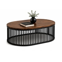 Table basse moderne ronde en bois avec base en cage métallique noire pour salon, bureau à domicile, mobilier d'intérieur et décoration