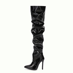 <span class=keywords><strong>Stivali</strong></span> Alti da Donna Lucidi con Tacco a Spillo da 11 cm, Cerniera Laterale, Dettagli Plissettati, per Feste e Nightclub, Moda all'Ingrosso - Product Image 1