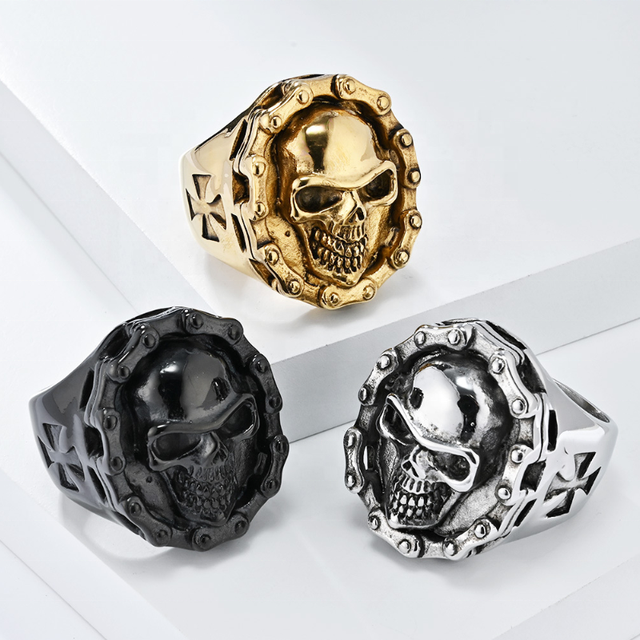 Retro Hiphop Motorcycle Chain Skull Cast Stainless Steel Ring Custom Pvd Electroplated 18k Gold Men's Individual Skull Ring