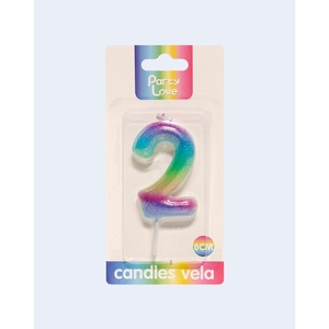 Candela Numero 2 per Feste, 6cm, con Glitter Arcobaleno, Candele per Compleanno - Product Image 2