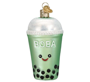 Ornement de Noël artisanal en verre soufflé, motif thé Boba style Ancien Monde, à suspendre pour l'arbre - Product Image 1