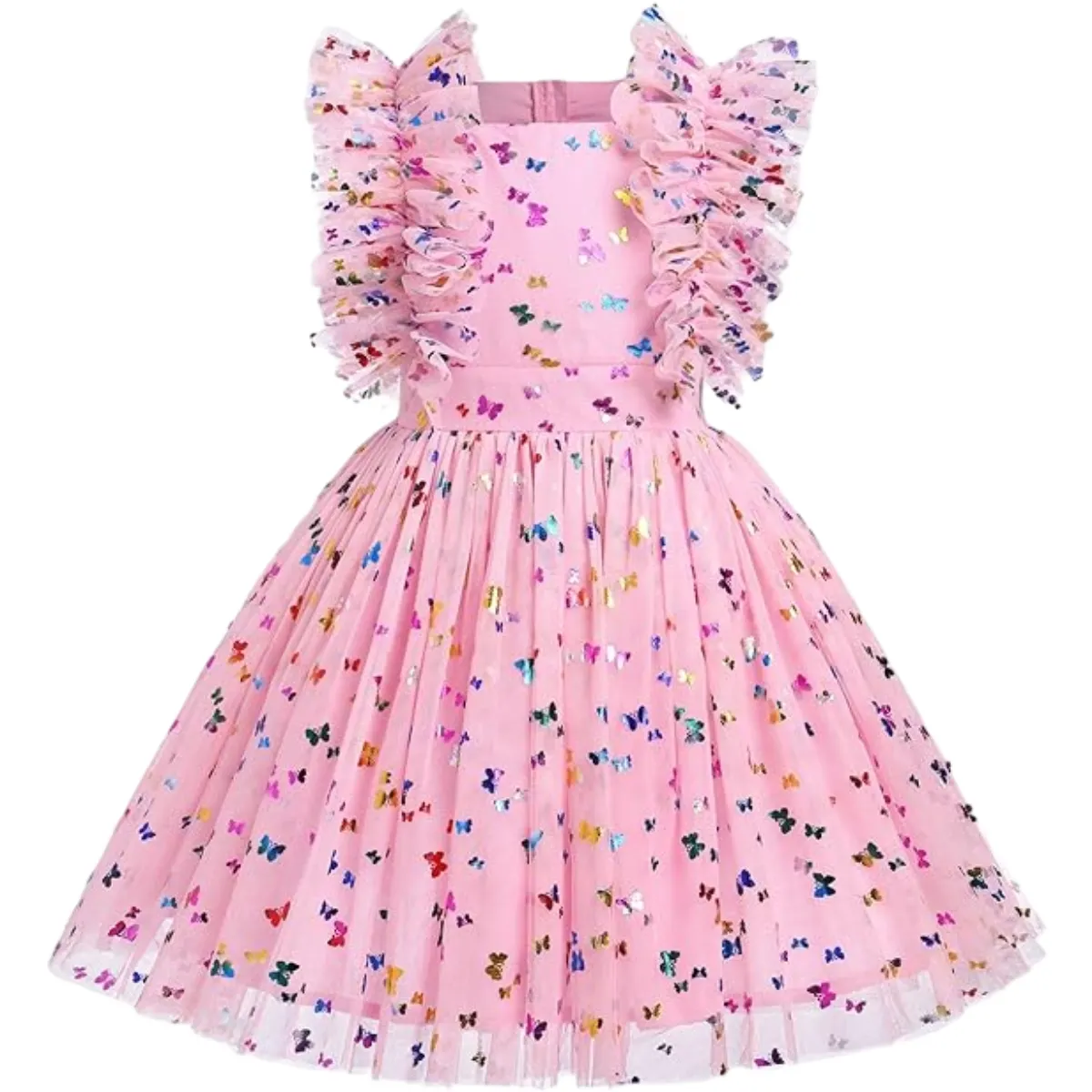 Design Customization Butterfly Foil Printing Ruffle Sleeves Pink Tulle Dress