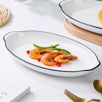 Plat à poisson japonais créatif en porcelaine émaillée, double anse, jetable, écologique, blanc pur avec ligne noire verticale