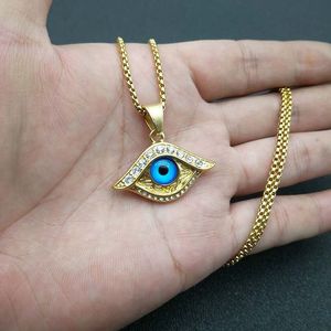 Collier pendentif œil en acier titane plaqué or avec breloque œil bleu pour homme et femme, bijou tendance, pièce de déclaration de mode - Product Image 5