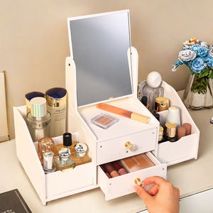 カスタム高級ホワイト長方形ミラー付き北欧風メイクアップコスメ収納ボックスオーガナイザー（猫耳付き） - Product Image 1