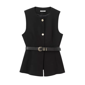 <span class=keywords><strong>Gilet</strong></span> <span class=keywords><strong>sans</strong></span> manches chic et respirant pour <span class=keywords><strong>femme</strong></span>, style vintage, avec rubans de ceinture, en tissu peigné 100 % polyester, col rond, idéal pour les costumes de printemps - Product Image 1