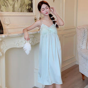 High-End Zomer Dunne Ijs Zijde Jarretel Lange Nachtjapon Franse Stijl Meisje Meerdere Kleuren Puur Sexy Pyjama Satijnen Stof Voorkant - Product Image 3