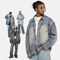 Veste en jean décontractée pour homme, style rétro américain, personnalisée OEM, coupe oversize, double couche, effet délavé, avec fermeture éclair