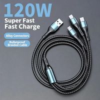 Kabel Data Jalinan Nilon 120W 1,2 Meter, Pengisi Daya Mobil Tiga-dalam-Satu Pengisian Cepat, Kompatibel dengan Ponsel Huawei dan Xiaomi