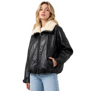 Women's Black Faux Leather Bomber Jacket With Fur Trim Zipper Closure <b>Winter</b> <b>Coat</b> Short Length <b>Thick</b> Quilted Design Leather <b>coat</b> - Product Image 1