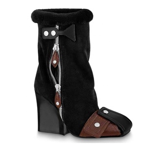 Winter Fur Top Block Heel Square Toe Women Ankle <b>Boots</b> Side Zipper Mixed Color Belt Buckle Short Booties Ladies Flock Shoes - Product Image 6