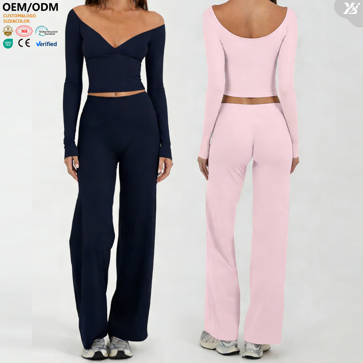 XW-ACX8002-2+ACK8002 Breathable Quick Dry Outfit Solid Gym Fitness Long Sleeve High Waist Wide Leg Pants Two Piece Yoga Set