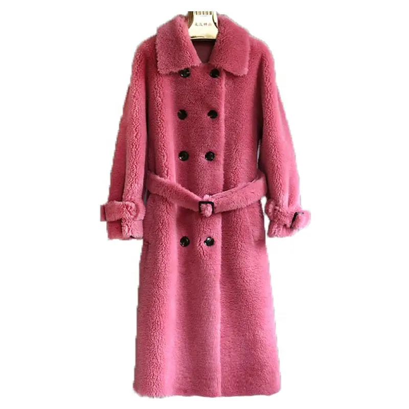 女性の羊のせん断コートウールファーコート女性のカジュアルな長い暖かい冬のジャケット