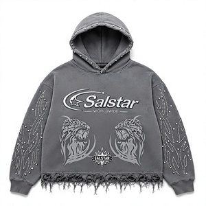 Sweat-shirt à capuche gris vieilli personnalisé avec strass pour homme, style streetwear, logo personnalisé, impression graphique et manches ornées - Product Image 1
