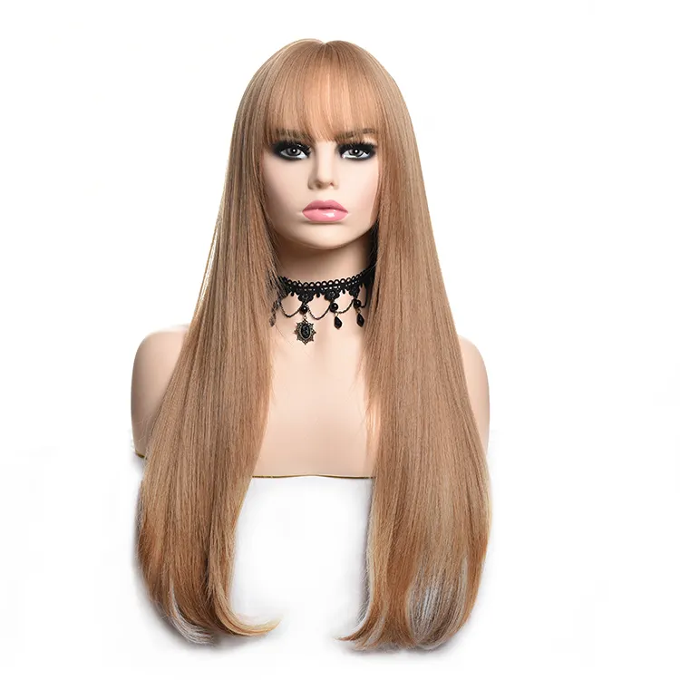 High Quality 28" Long Straight Japan Futura Wig Lace Brown Women Synthetic Cosplay Blonde Wig Synthetic Blond With Bangs