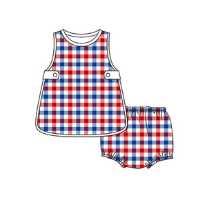 GBO0532 Ensemble de vêtements décontractés pour fillette, style personnalisé sans MOQ, imprimé à carreaux bleus, blanc uni, sans manches, culottes courtes, vente en gros pour enfants - Product Image 4