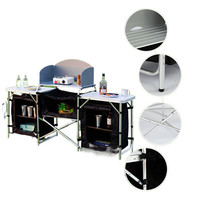 Mesa de cocina móvil para acampar al aire libre Mesa plegable de aleación de aluminio con gabinete de tela