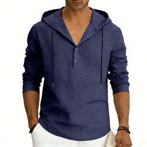 Chemise en coton et lin pour homme, nouvelle collection printemps, à capuche, manches longues, boutonnée, ornée de perles, couleur unie, polyvalente - Product Image 3