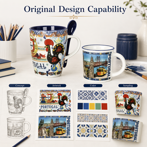 Tasses à <span class=keywords><strong>café</strong></span> en céramique souvenir du Portugal avec motifs traditionnels de coq et de monuments, en porcelaine fine, vente en gros d'usine - Product Image 4