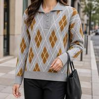 Pull en maille de haute qualité pour femme, col polo, motif losanges gris moutarde, fabrication OEM ODM