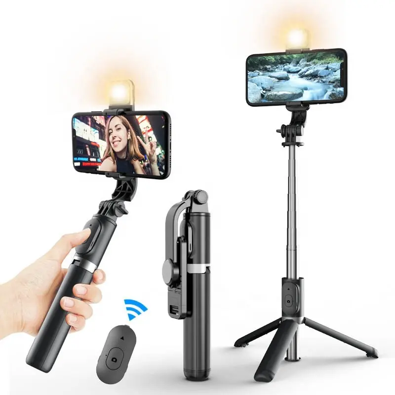 Q02s Handy Selfie Stick BT treppiede Wireless con luce di bellezza 3 In 1 supporto per telefono estensibile telecomando con luce di riempimento