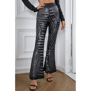 Moda örgü desen elastik kemer kadın pullu geniş bacak Flare pantolon