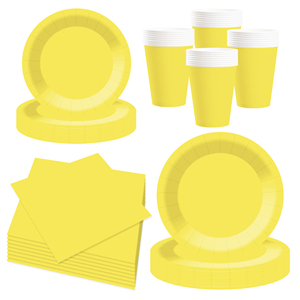 DAMAI – Vaisselle jetable unie jaune vif pour fêtes, assiettes de 7 et 9 pouces, gobelets en papier, serviettes - Product Image 3