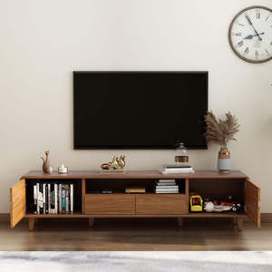 Meuble TV moderne en <span class=keywords><strong>bois</strong></span> brillant de luxe - Portes coulissantes, <span class=keywords><strong>console</strong></span> multimédia avec rangement, design écologique <span class=keywords><strong>et</strong></span> durable, pieds en métal, gain de place - Product Image 5