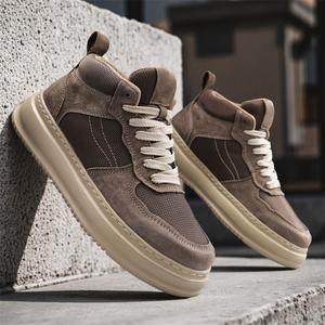 Baskets mi-hautes en peau de porc pour hommes, chaussures rétro respirantes et décontractées à semelles épaisses - Product Image 5