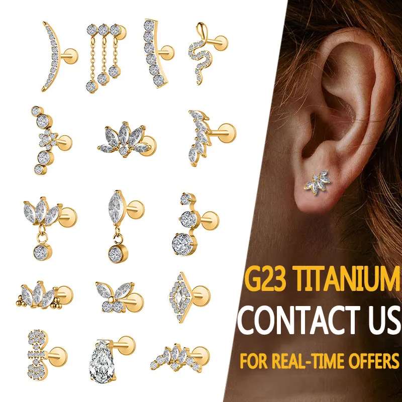 Implant Grade Titanium Tragus Threadless Push-In Threaded Labret Stud Helix Earrings Conch Studs Piercing Jewelry